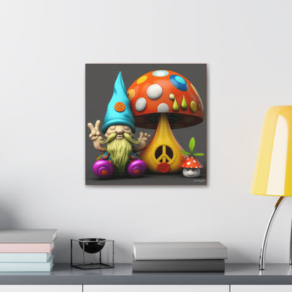 Gnome With Beautifully Detailed Green Orange With Colored Polka Dot Mushrooms And Cute Baby Mushroom Canvas Gallery Wraps