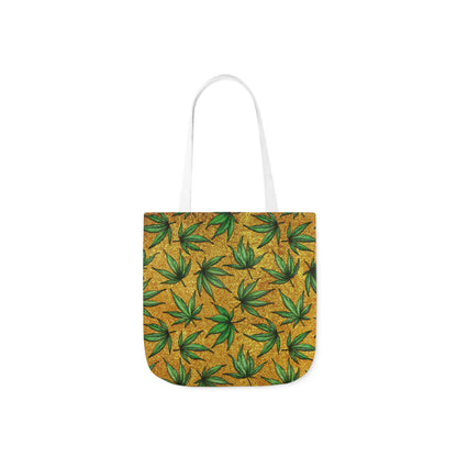 Gold And Green Marijuana Pot Weed Leaf With Gold Background 420 Polyester Canvas Tote Bag (AOP)