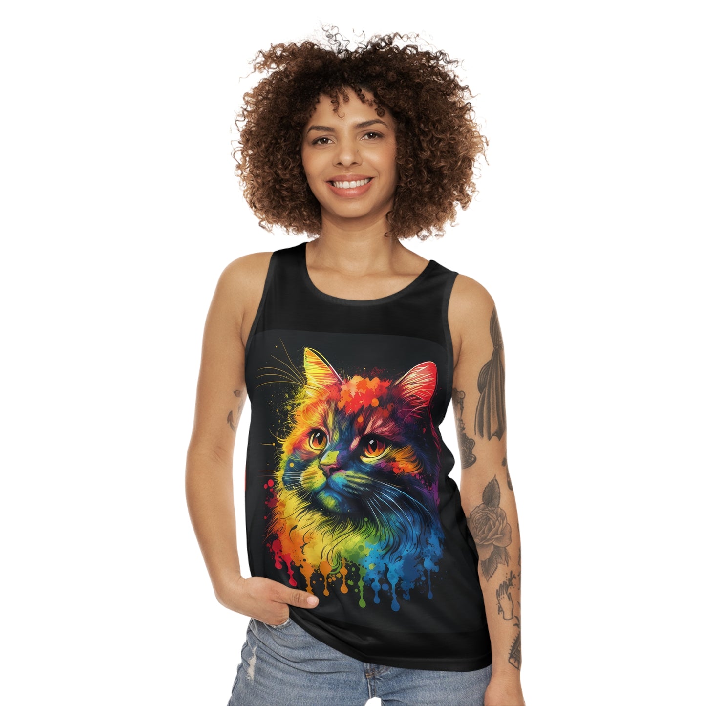 Bold And Beautiful Tie Dye Cat In Front , Beautiful Tie Dye Back Unisex Tank Top (AOP)