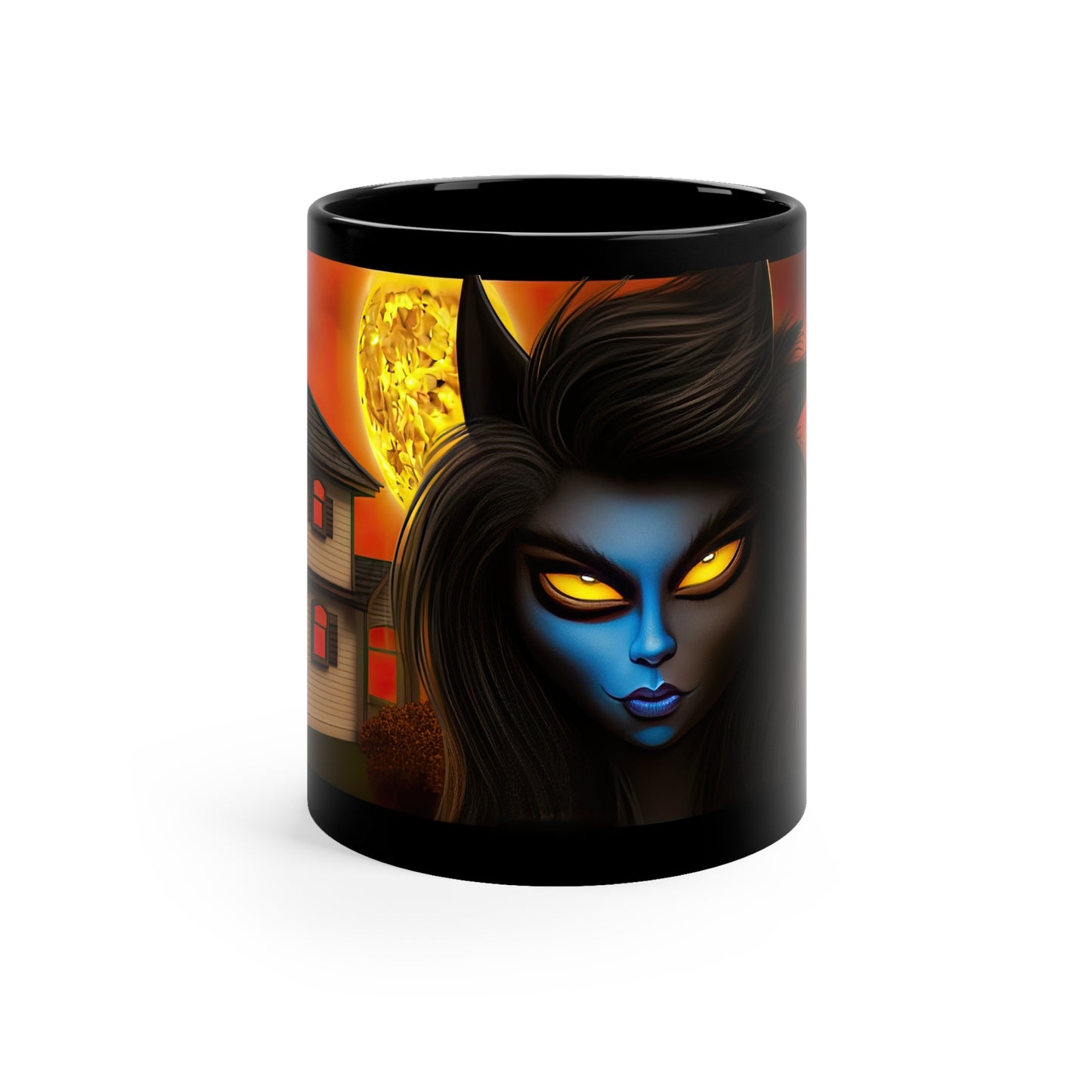 Gothic Chic With Pointy Horns, Breathtaking Moon and Background 11oz Black Mug