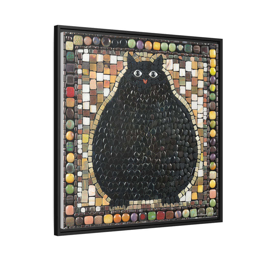 "Playful Black Cat Mosaic", Framed Mosaic Cat Art Print — Colorful Modern Wall Canvas