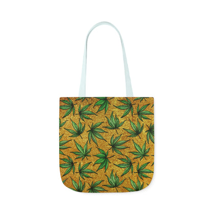 Gold And Green Marijuana Pot Weed Leaf With Gold Background 420 Polyester Canvas Tote Bag (AOP)