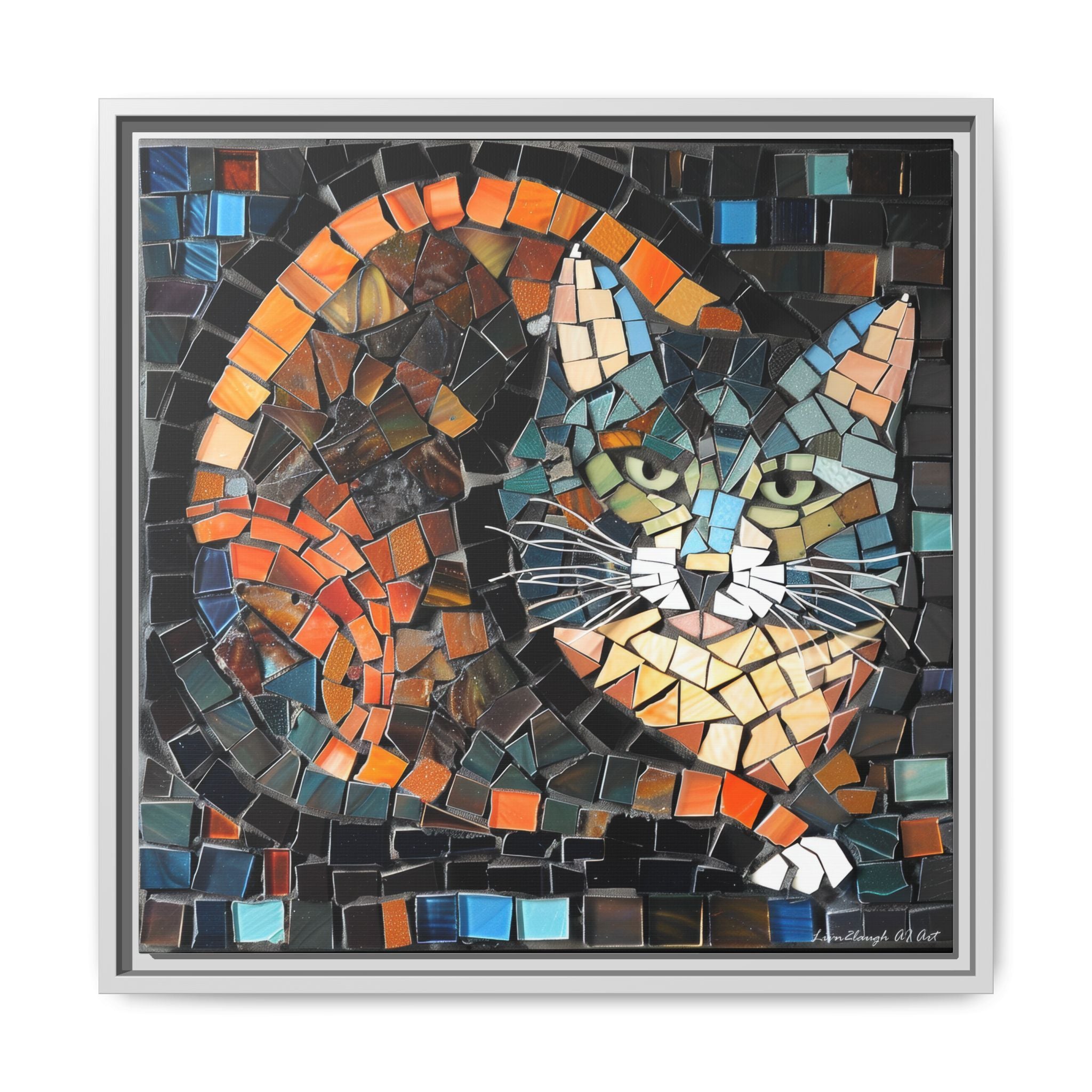 "Bold Mosaic Cat", Framed Mosaic Cat Art Print — Colorful Modern Wall Canvas