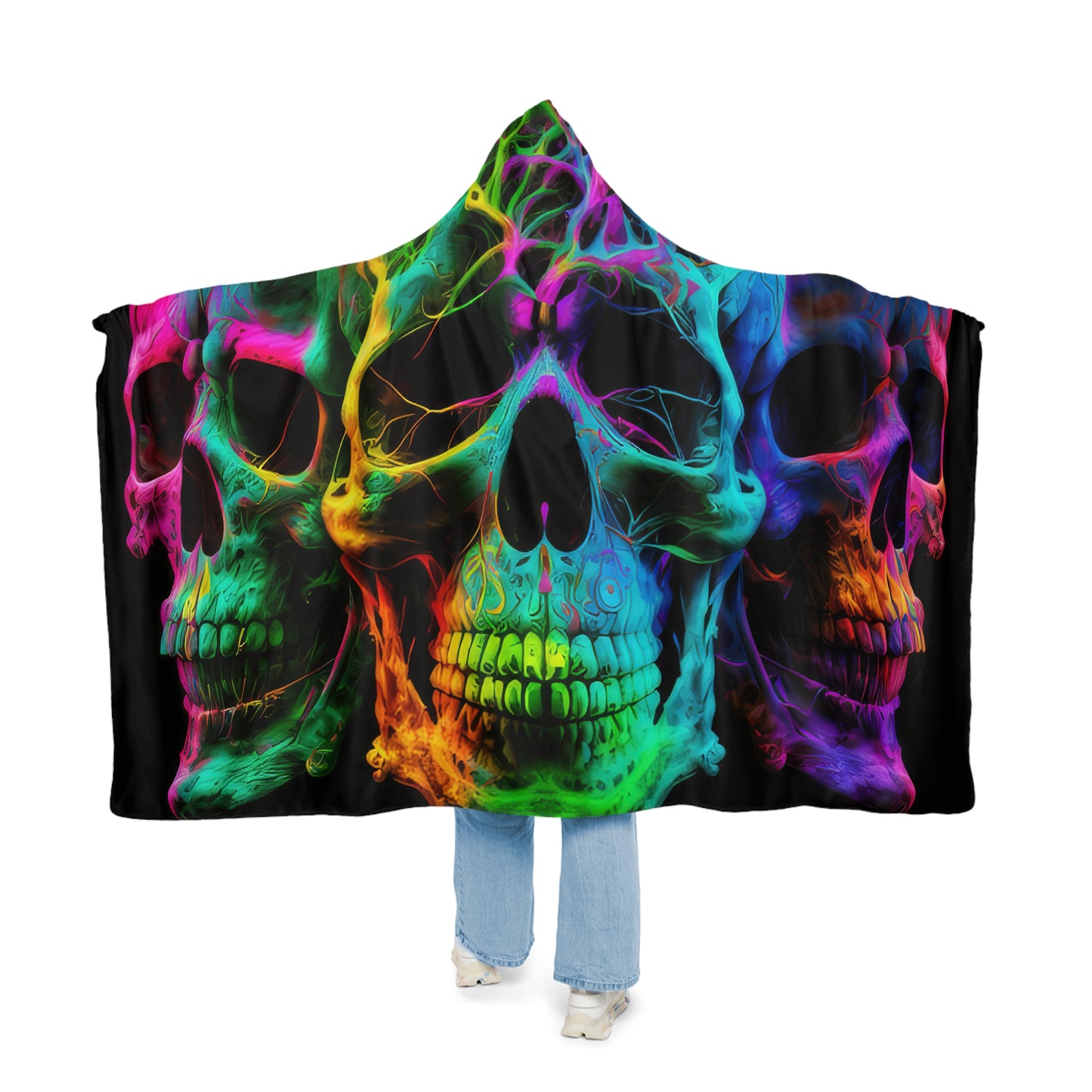 Tie Die 3 Head Skulls, Style Three Blue Green Purple Snuggle Blanket