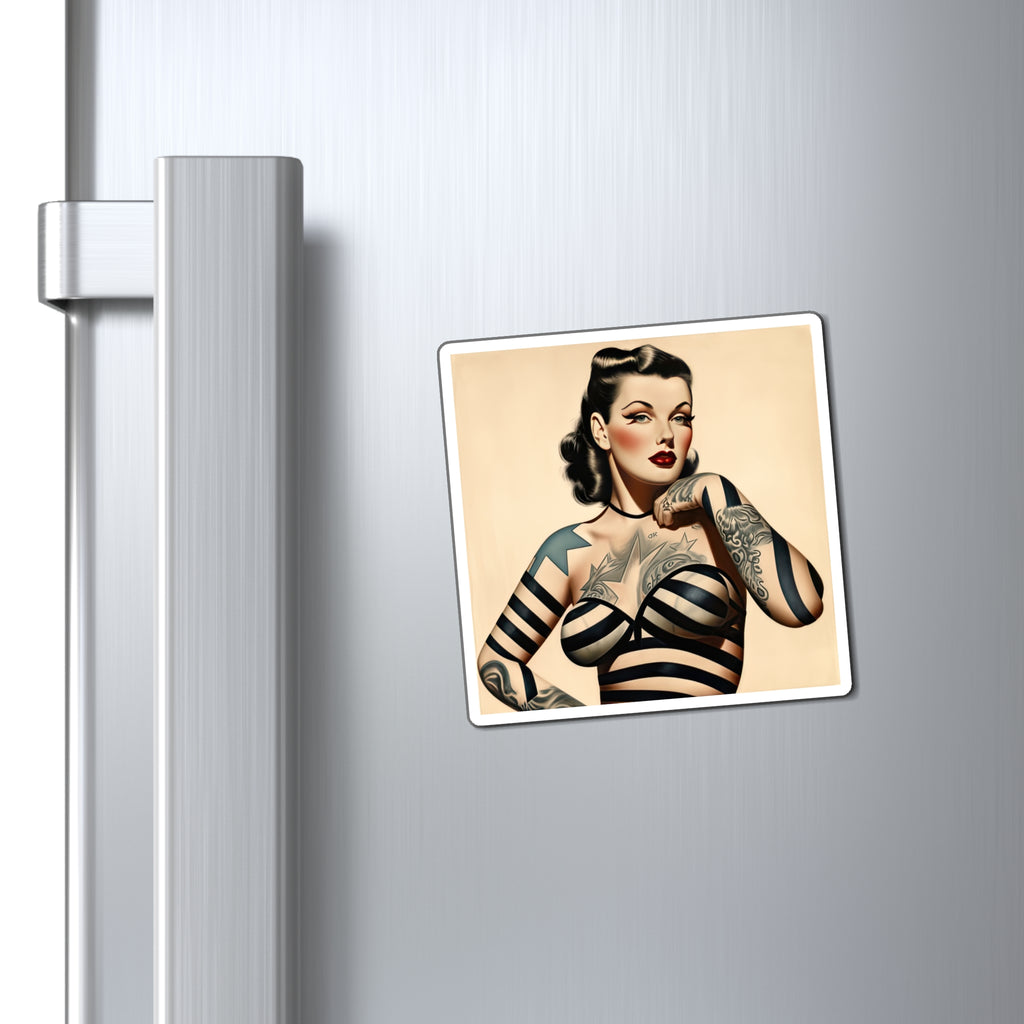 Retro Tattooed Pinup Blue, Red And White Star Magnet Style Eleven