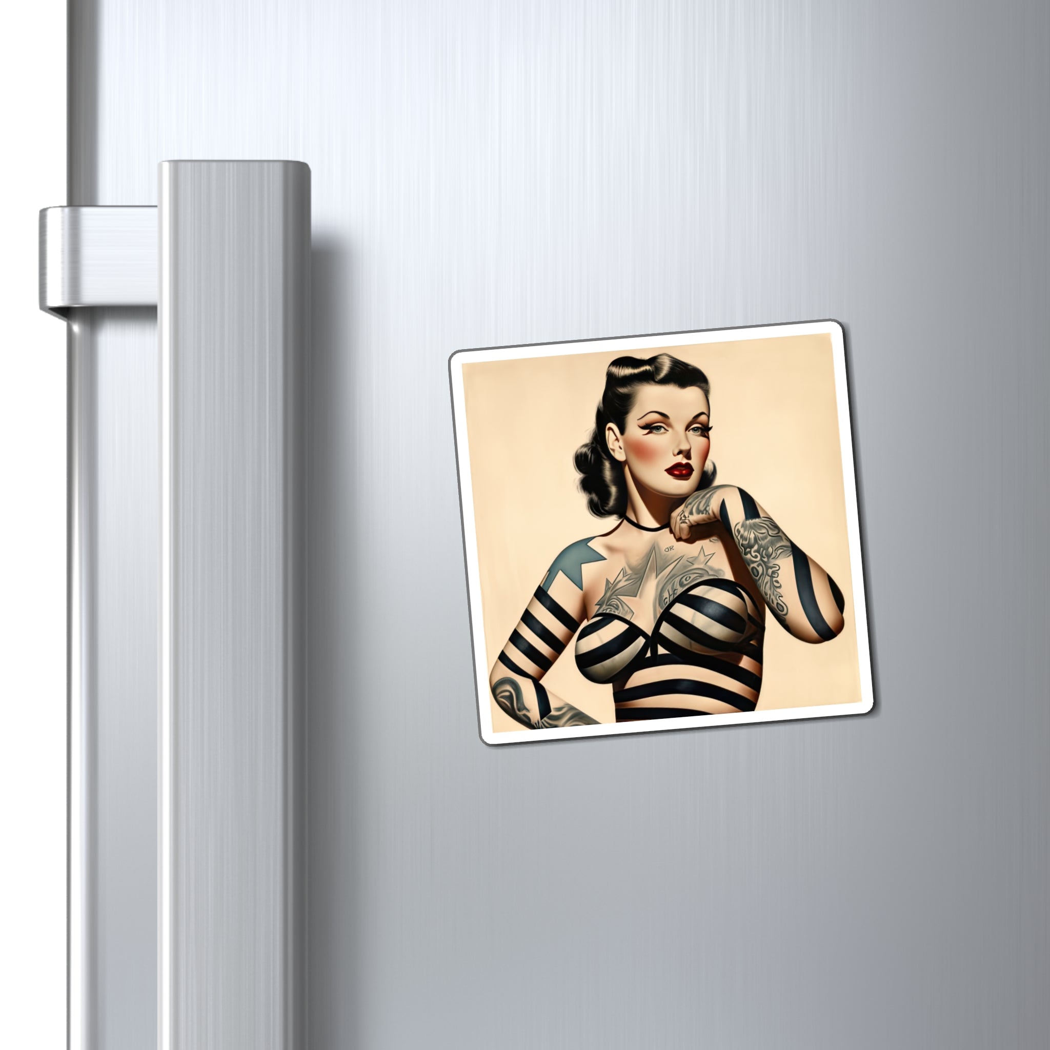 Retro Tattooed Pinup Blue, Red And White Star Magnet Style Eleven