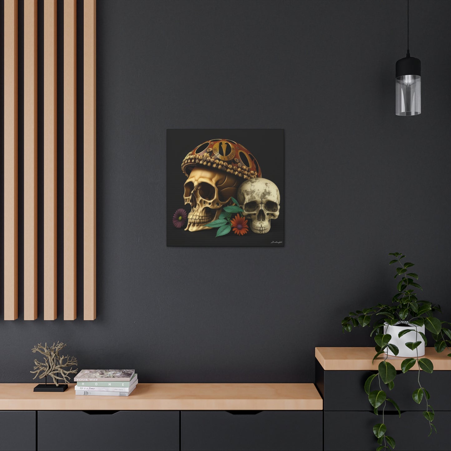 Double Skull With One Colorful Beautifully Detailed Helmet Purple Orange Flowers Canvas Gallery Wraps