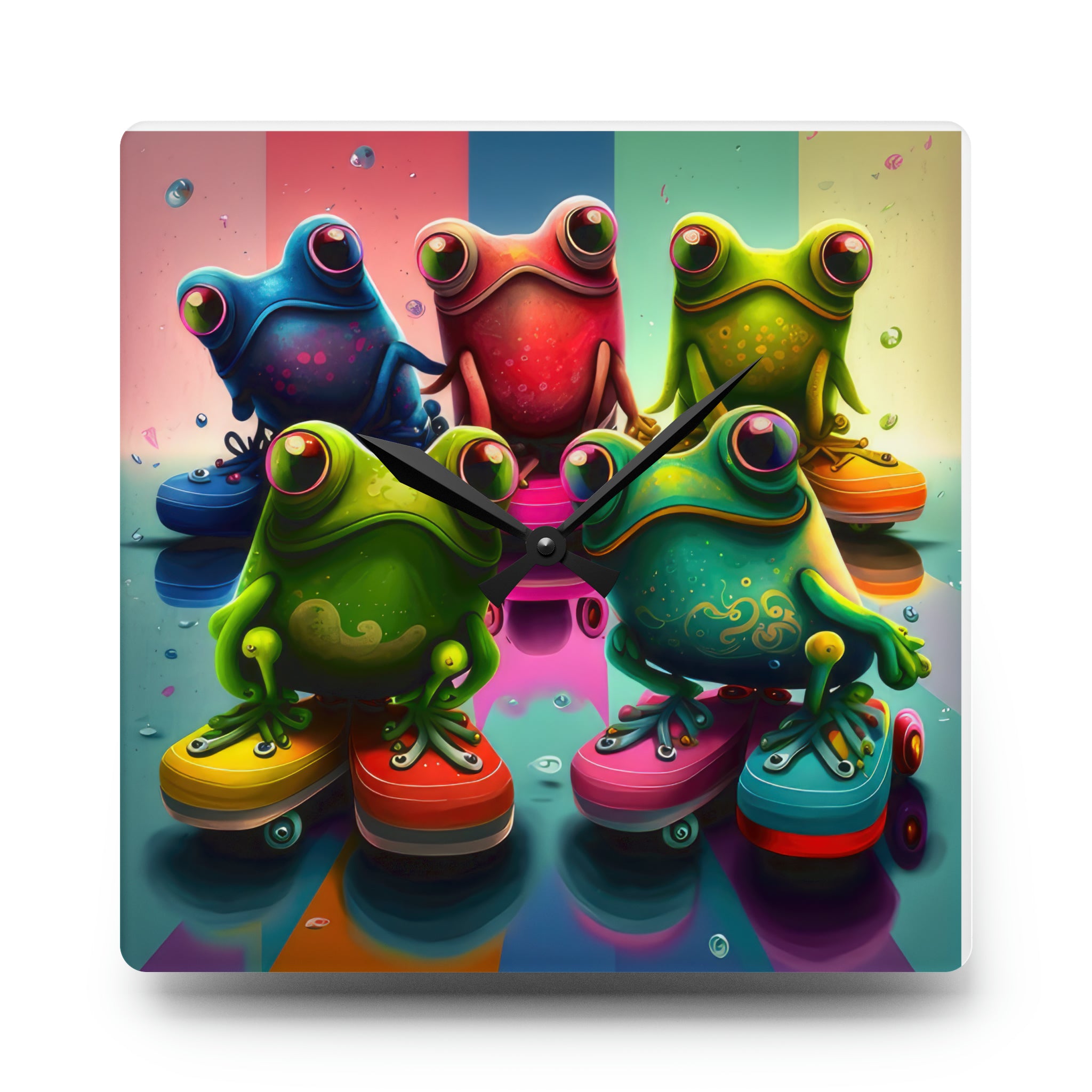 Colorful Group Of Frogs On Skates Wall Clock