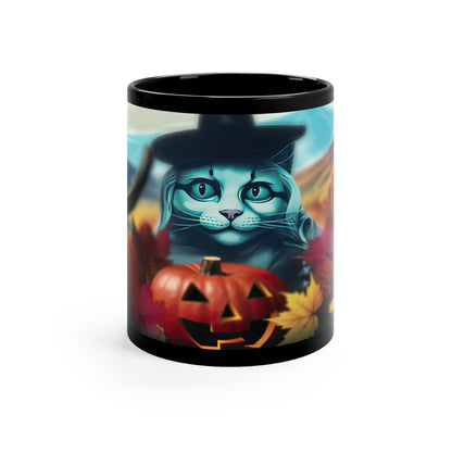 Fall Time White Cat With Black Hat, Fall Leaves And Halloween Pumpkins 11oz Black Mug