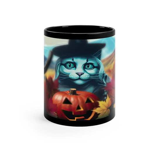 Fall Time White Cat With Black Hat, Fall Leaves And Halloween Pumpkins 11oz Black Mug