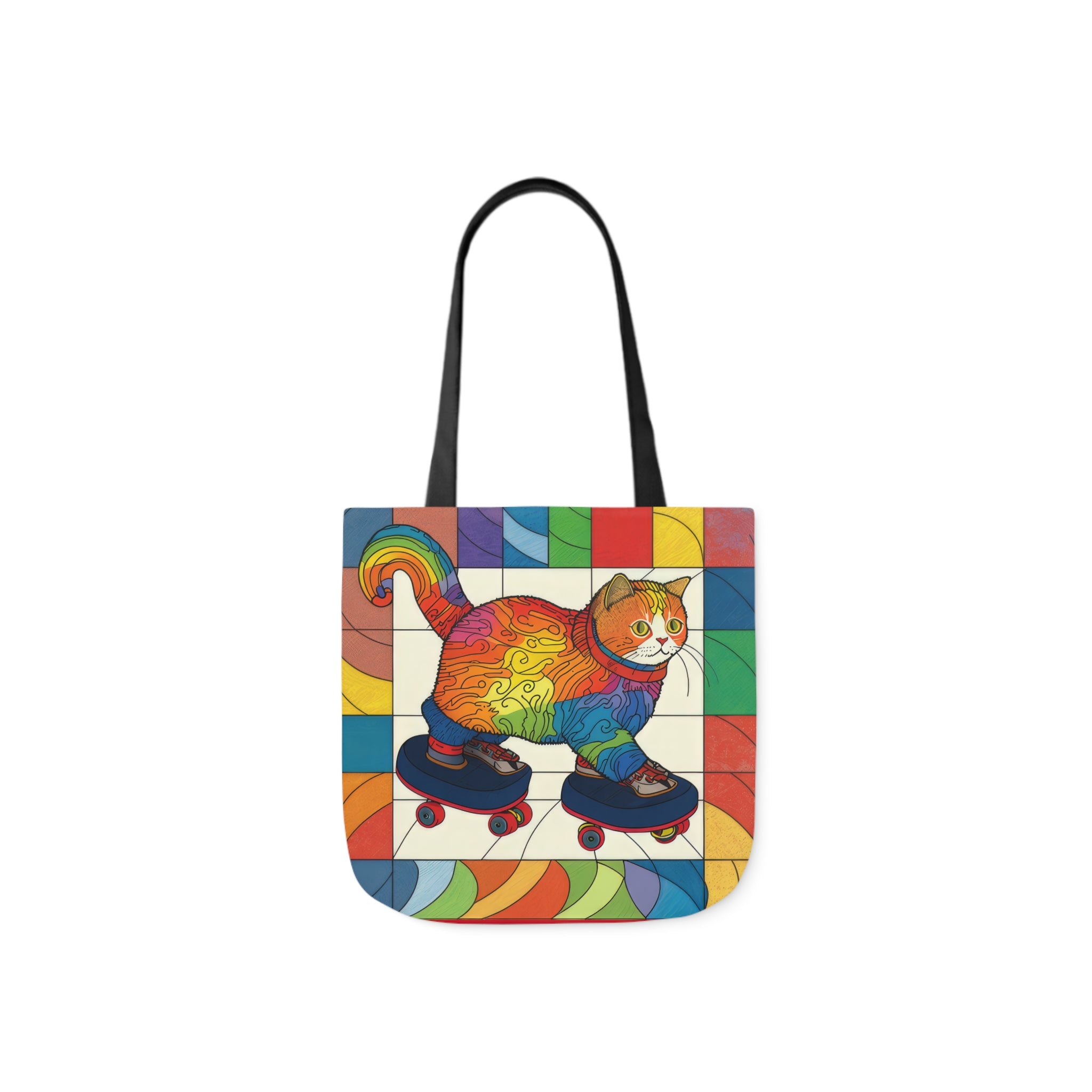 Gorgeous Rainbow Cat Riding A Skate/Skateboard With Rainbow Border Polyester Canvas Tote Bag (AOP)