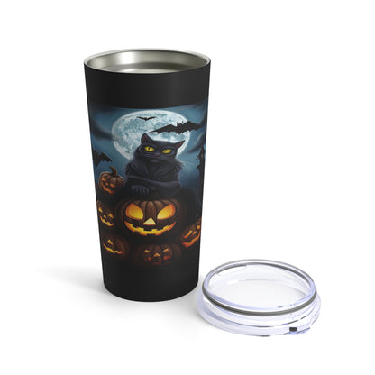 Big Green Eyed Black Cat Fall Halloween, Beautiful Moon With A Stack Of Pumpkins Tumbler 20oz