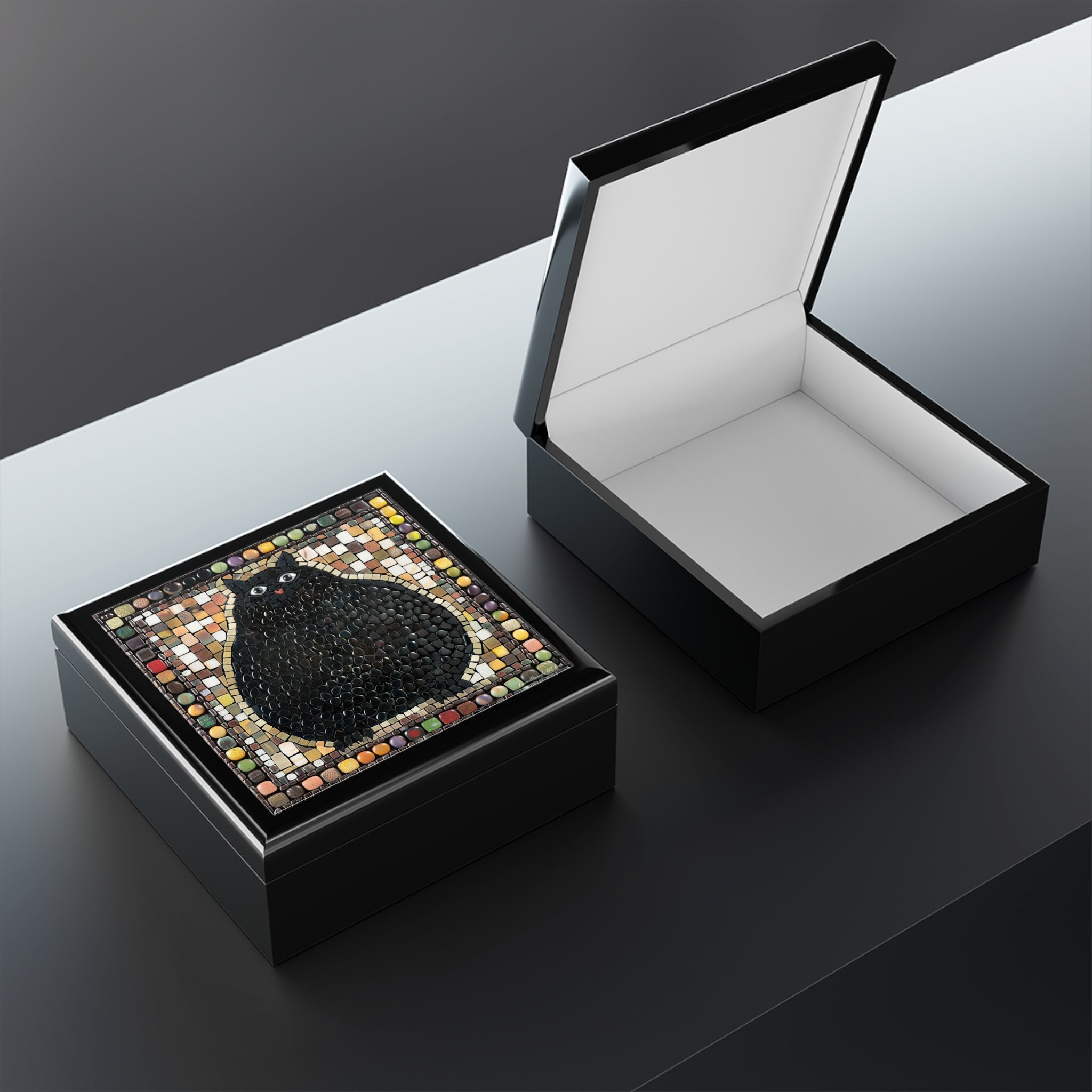 "Playful Black Cat Mosaic", Jewelry- Stash- Collection Box