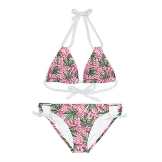 Beautifully Pink And Green Gorgeous Designed Marijuana 420 Weed Leaf Strappy Bikini Set (AOP)