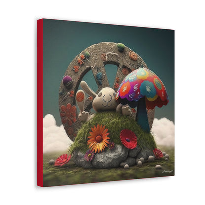 Beautiful Forest Round Peace Sign , Bunny Style Mushrooms  Flowers And Butterfly 12 Canvas Gallery Wraps