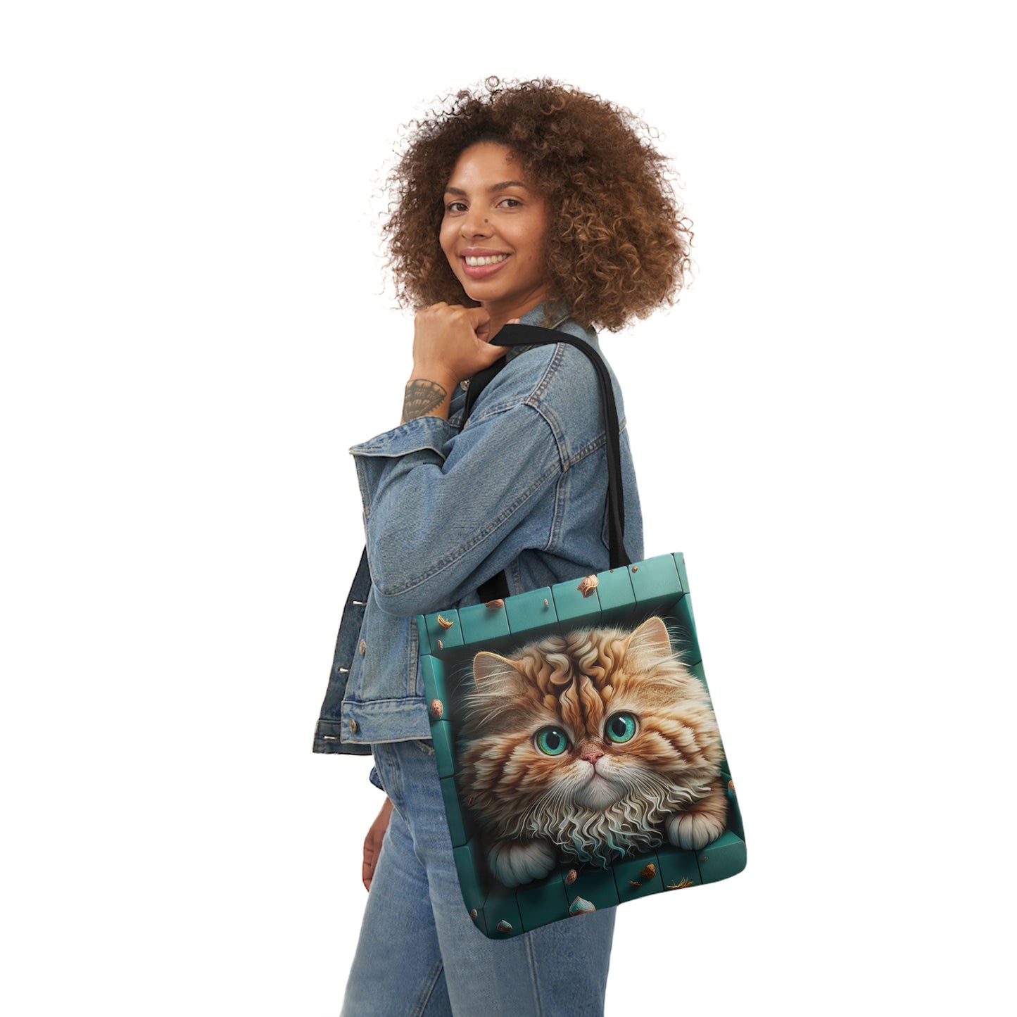 Beautiful Orange And White Fluffy Cat With Blue Eye , Blue Framed Polyester Canvas Tote Bag (AOP)