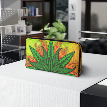 Beautifully Designed Orange, Yellow And Green Marijuana Leaf Zipper Wallet