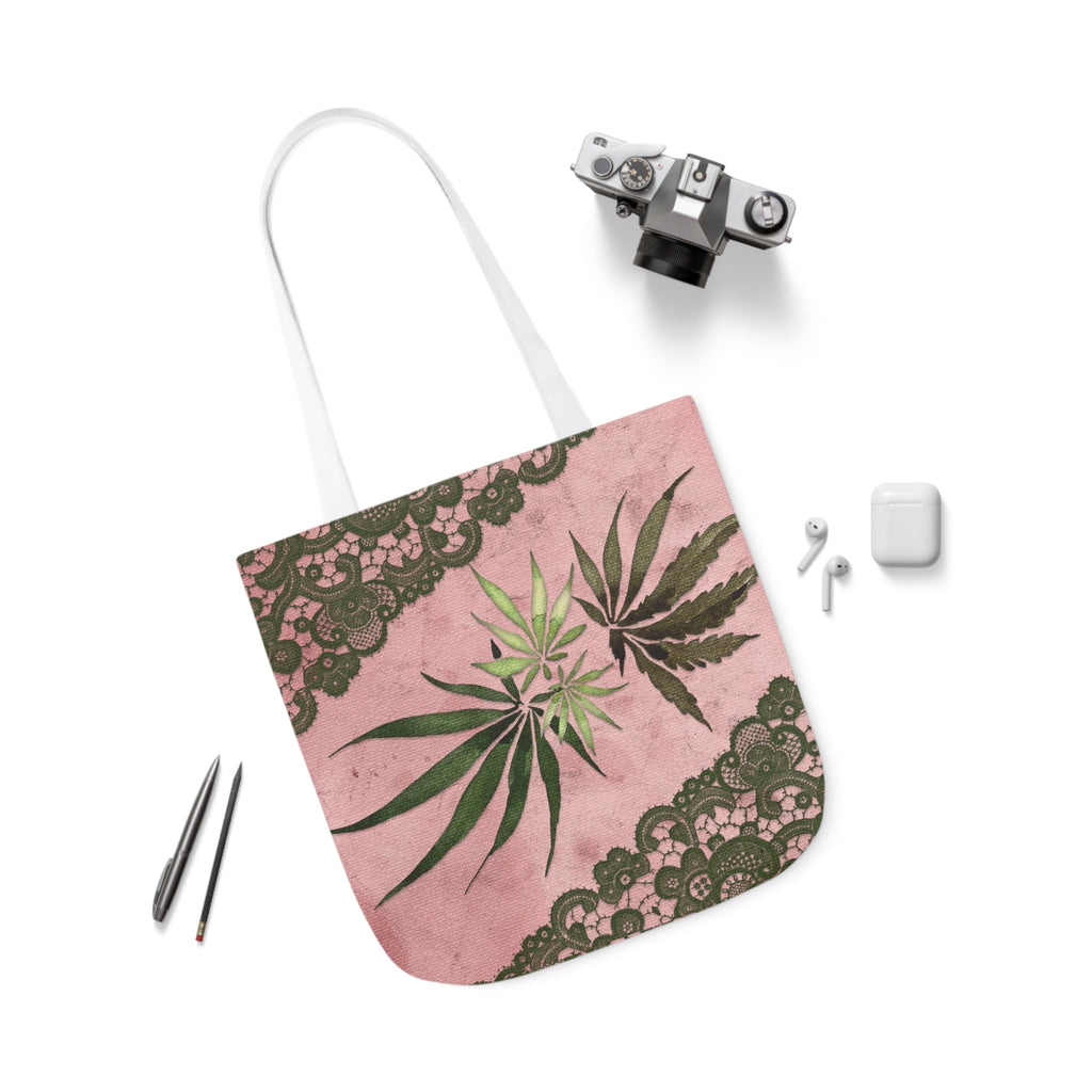 Grey Lace Gorgeous Pink Designed Marijuana 420 Weed Polyester Canvas Tote Bag (AOP)
