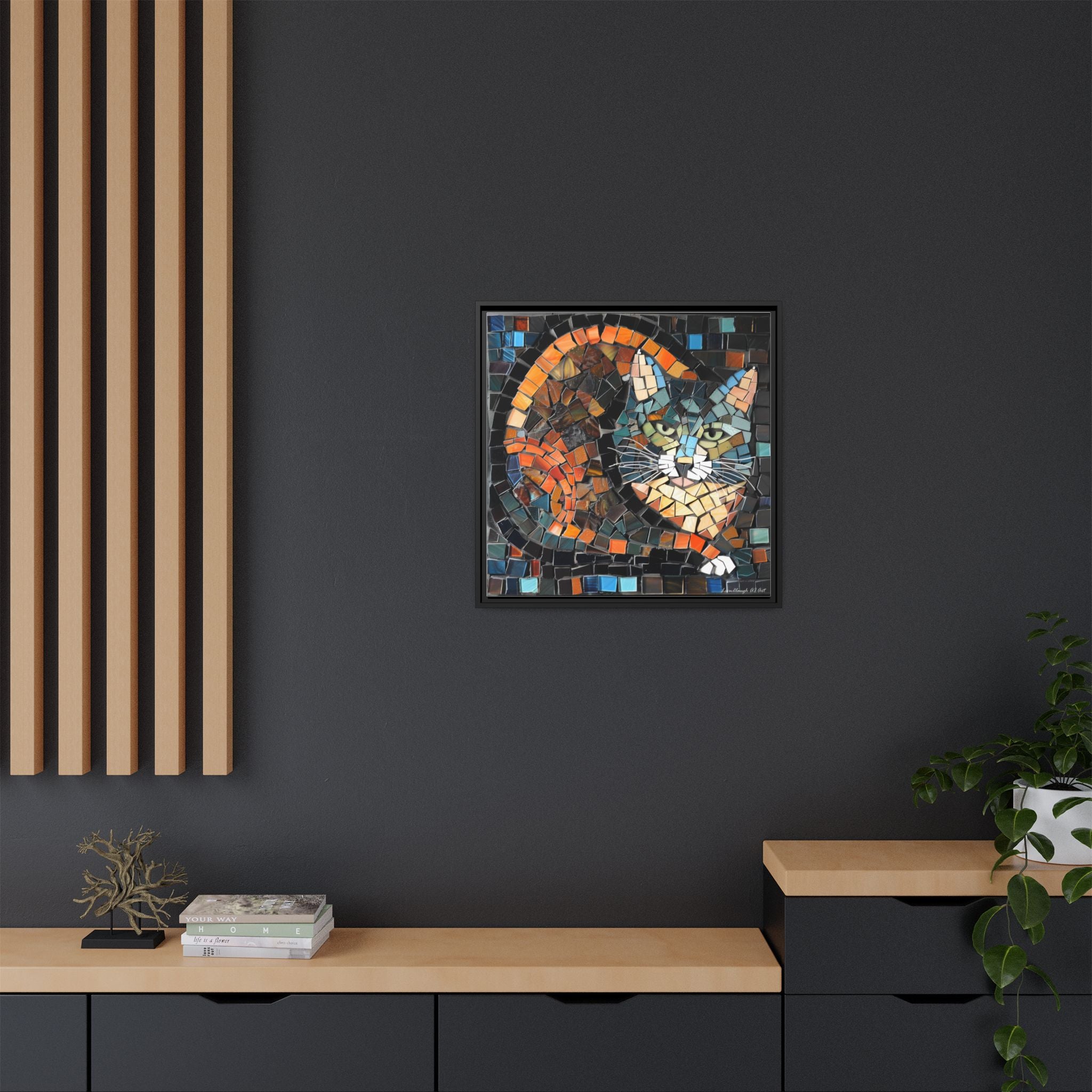 "Bold Mosaic Cat", Framed Mosaic Cat Art Print — Colorful Modern Wall Canvas