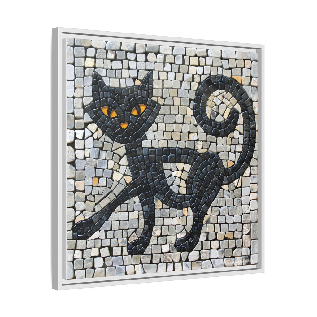 "Curious Black Cat Mosaic", Framed Mosaic Cat Art Print — Colorful Modern Wall Canvas