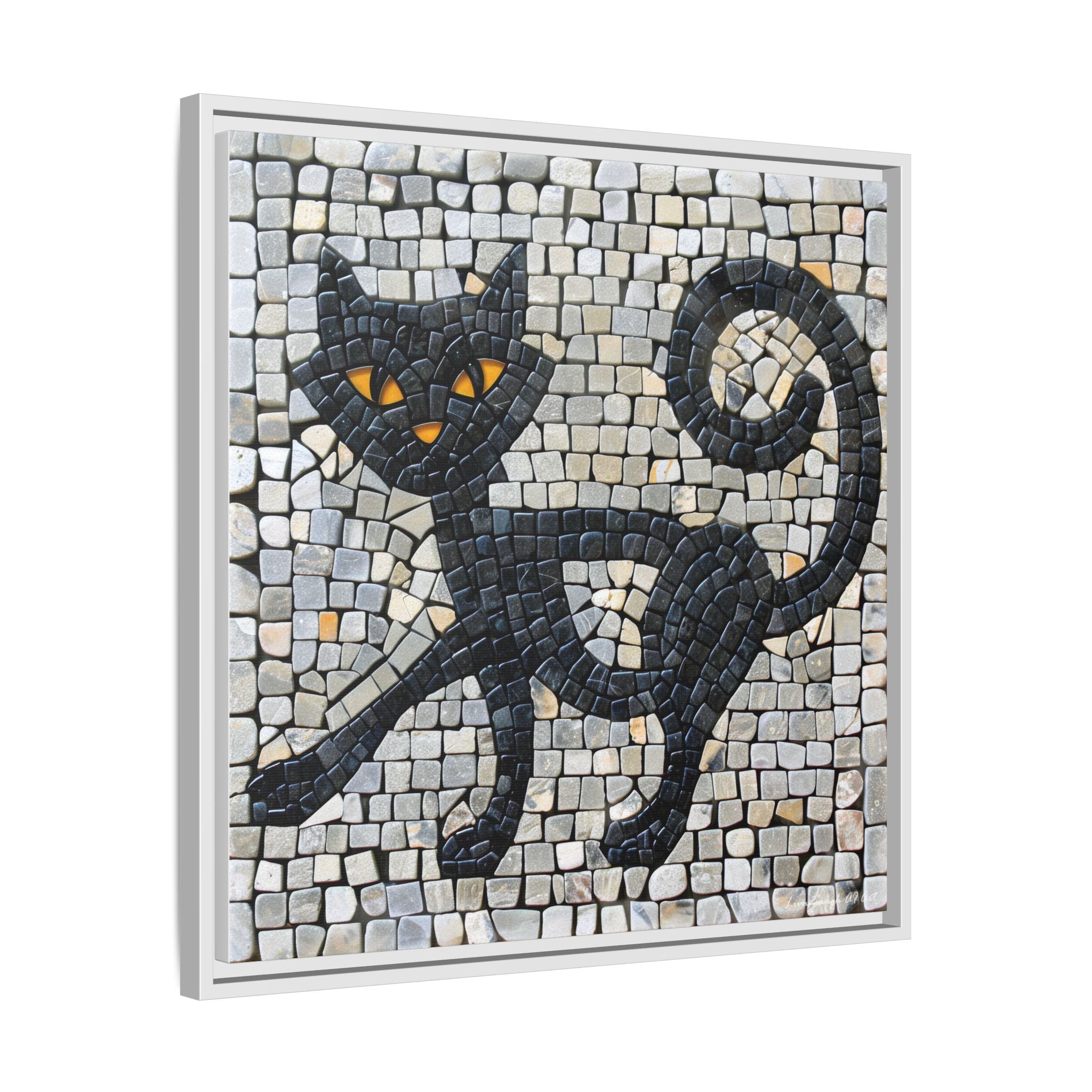 "Curious Black Cat Mosaic", Framed Mosaic Cat Art Print — Colorful Modern Wall Canvas