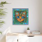 "Emerald Eyes Mosaic Cat", Framed Mosaic Cat Art Print — Colorful Modern Wall Canvas
