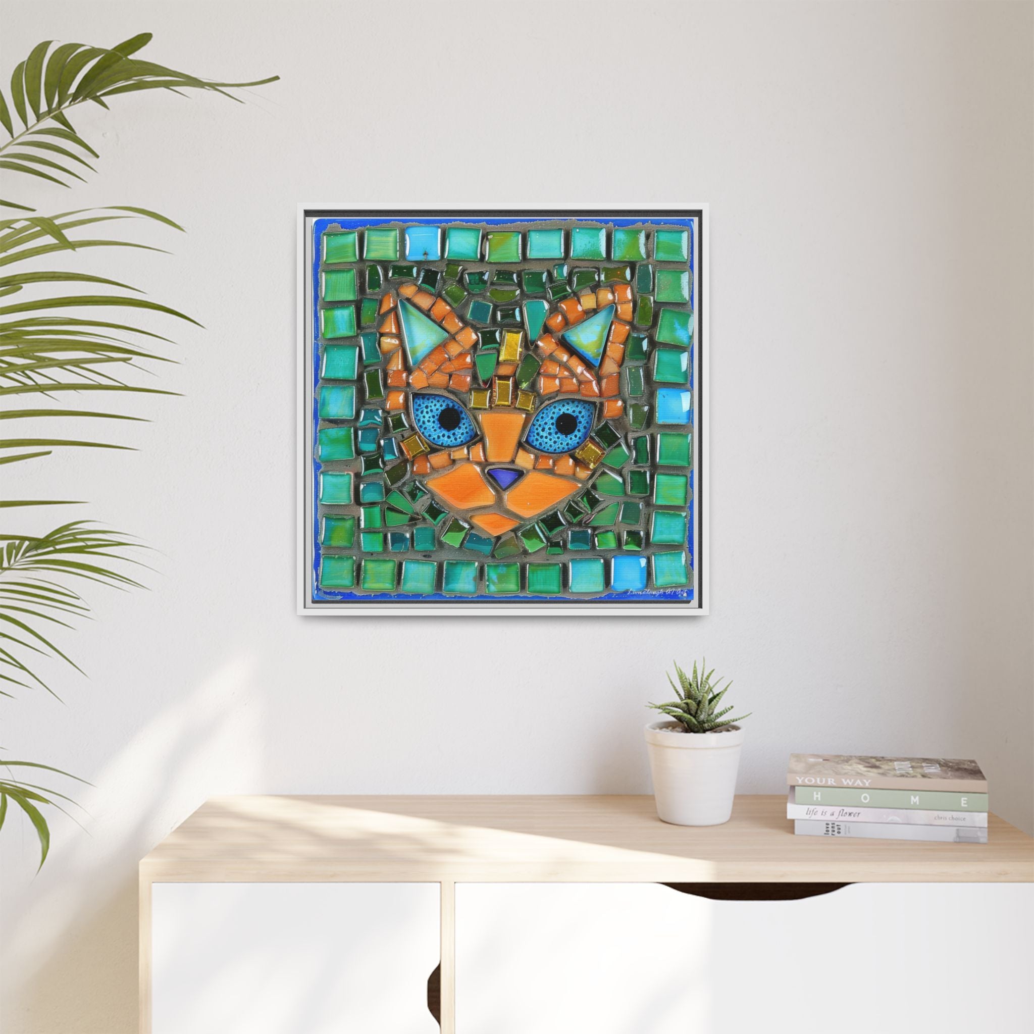 "Emerald Eyes Mosaic Cat", Framed Mosaic Cat Art Print — Colorful Modern Wall Canvas