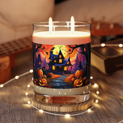 Spooky Halloween House With Pumpkin Line Path , Black Cat, Scented Candle - Full Glass, 11oz