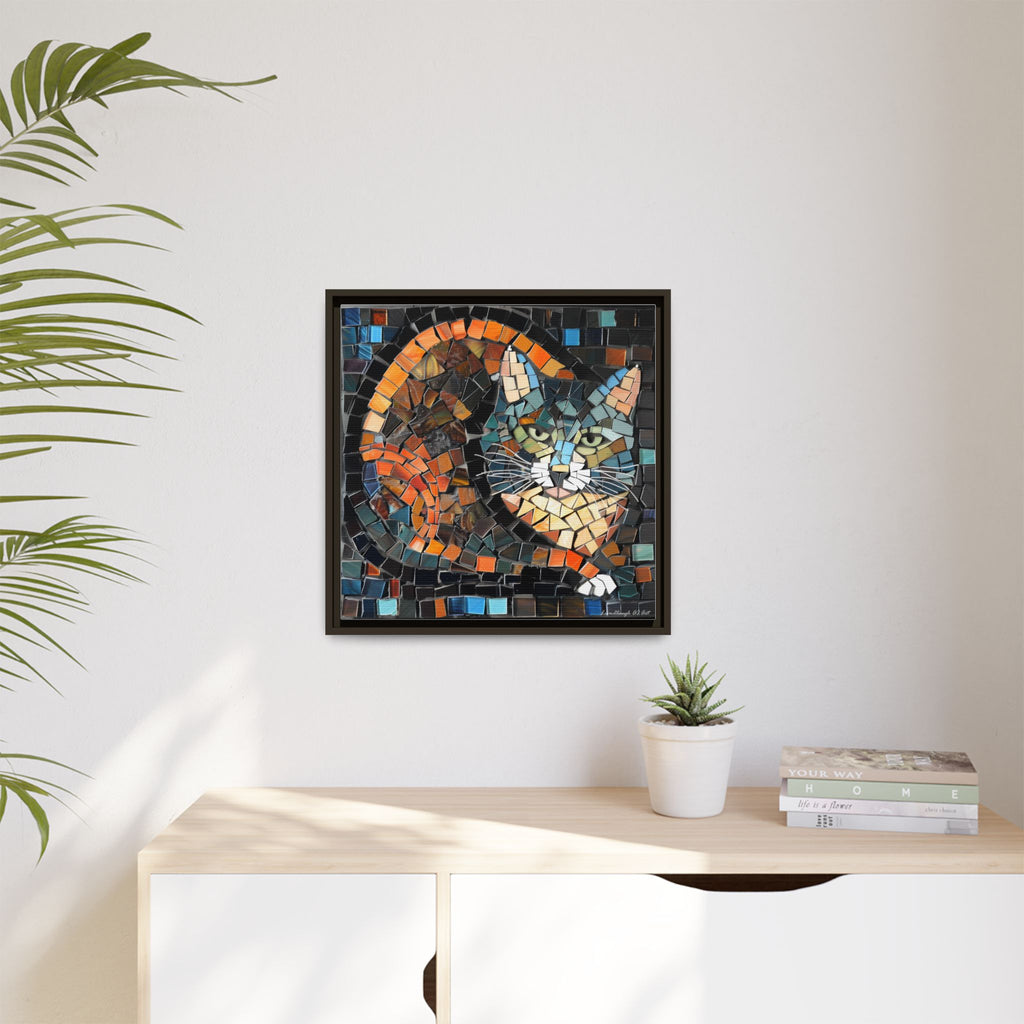 "Bold Mosaic Cat", Framed Mosaic Cat Art Print — Colorful Modern Wall Canvas