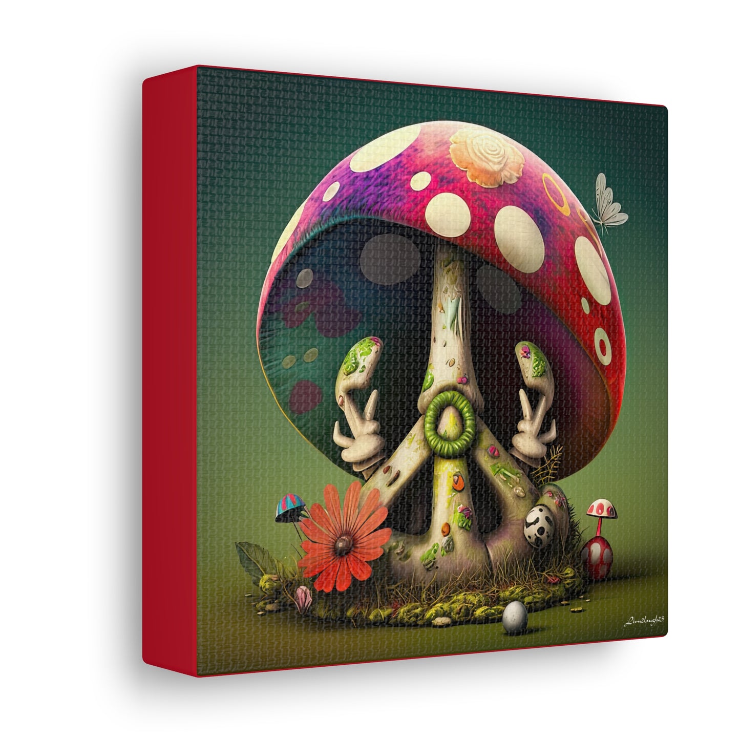 Beautiful Forest Half Peace Sign , Red And White Polka dot Mushrooms Red Flower Canvas Gallery Wraps