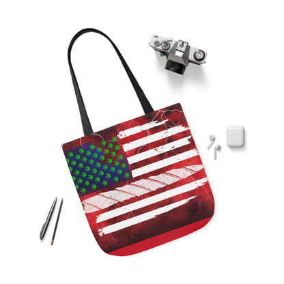 Flag Red, White And Blue Beautiful Red Background With Marijuana Pot Weed 420 Leaf Polyester Canvas Tote Bag (AOP)