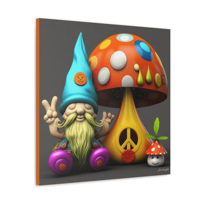 Gnome With Beautifully Detailed Green Orange With Colored Polka Dot Mushrooms And Cute Baby Mushroom Canvas Gallery Wraps