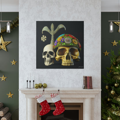 Double Skull With Yellow White Purple Flowers Canvas Gallery Wraps