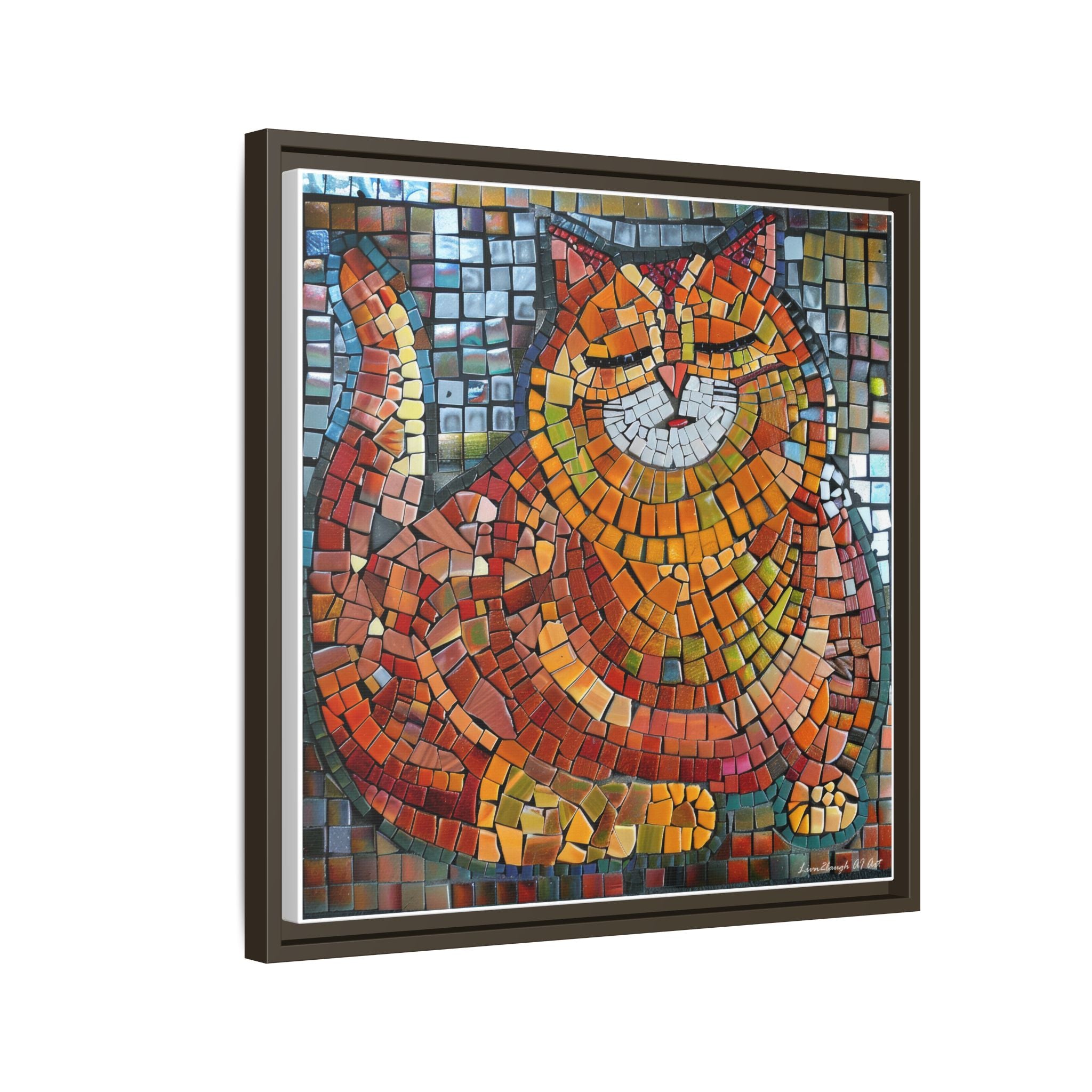 Radiant Whiskers: The Joyful Cat, Framed Mosaic Cat Art Print — Colorful Modern Wall Canvas