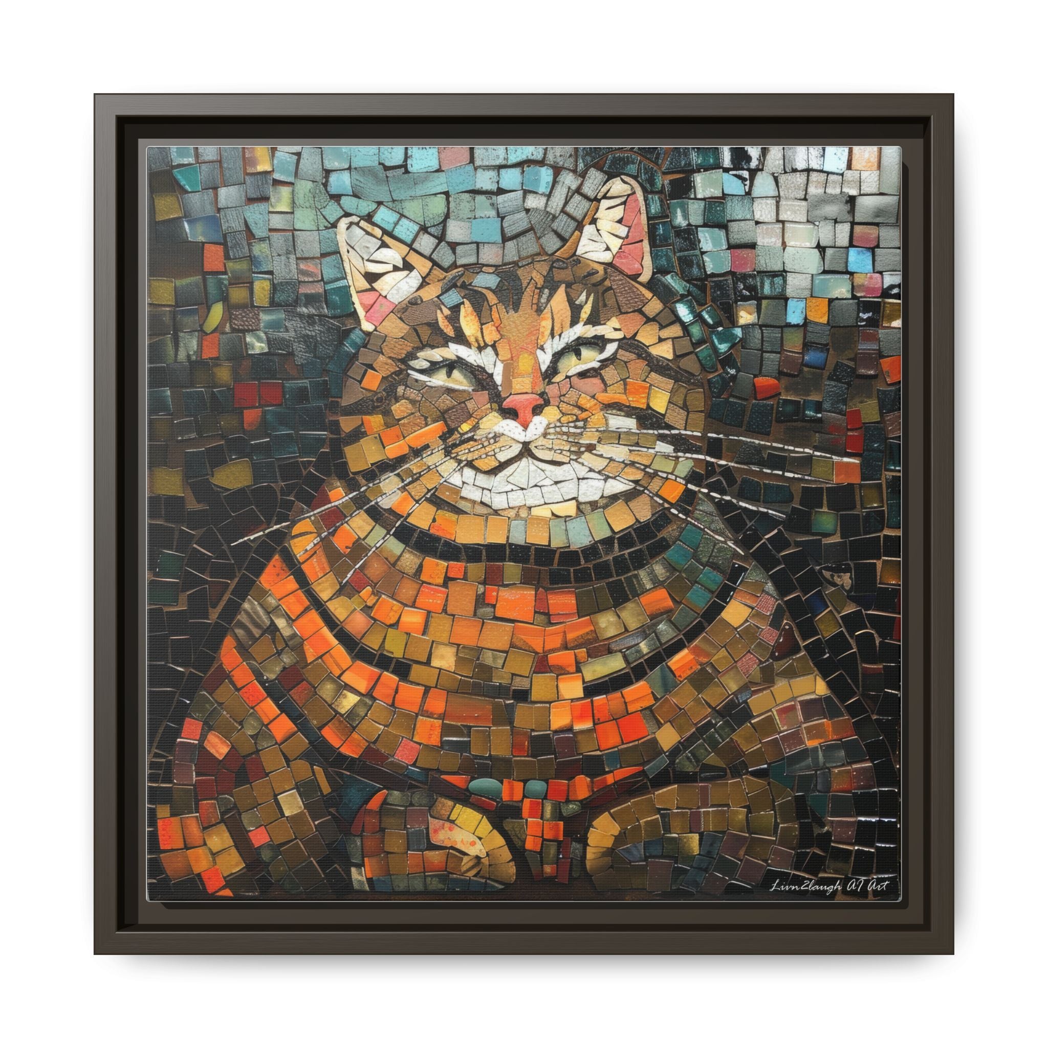 Mosaic Majesty: The Regal Cat, Framed Mosaic Cat Art Print — Colorful Modern Wall Canvas