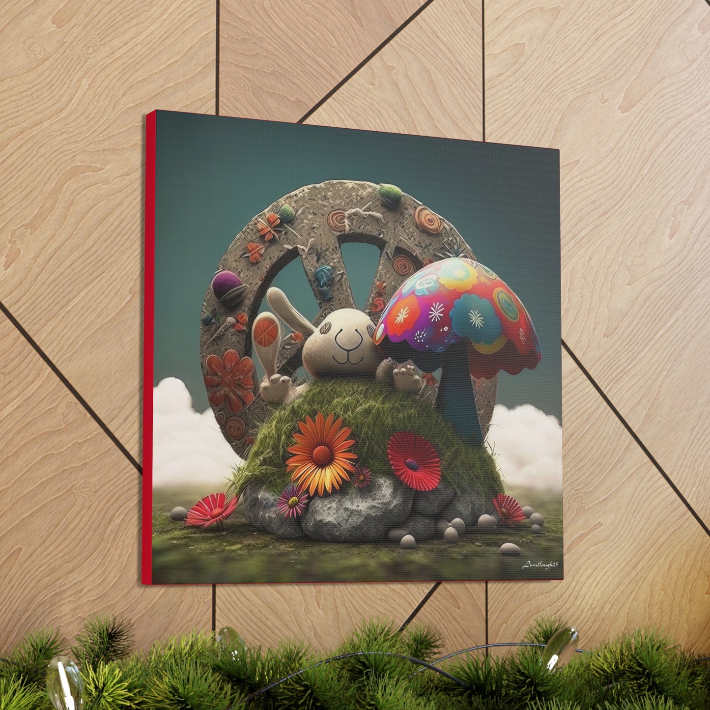 Beautiful Forest Round Peace Sign , Bunny Style Mushrooms  Flowers And Butterfly 12 Canvas Gallery Wraps