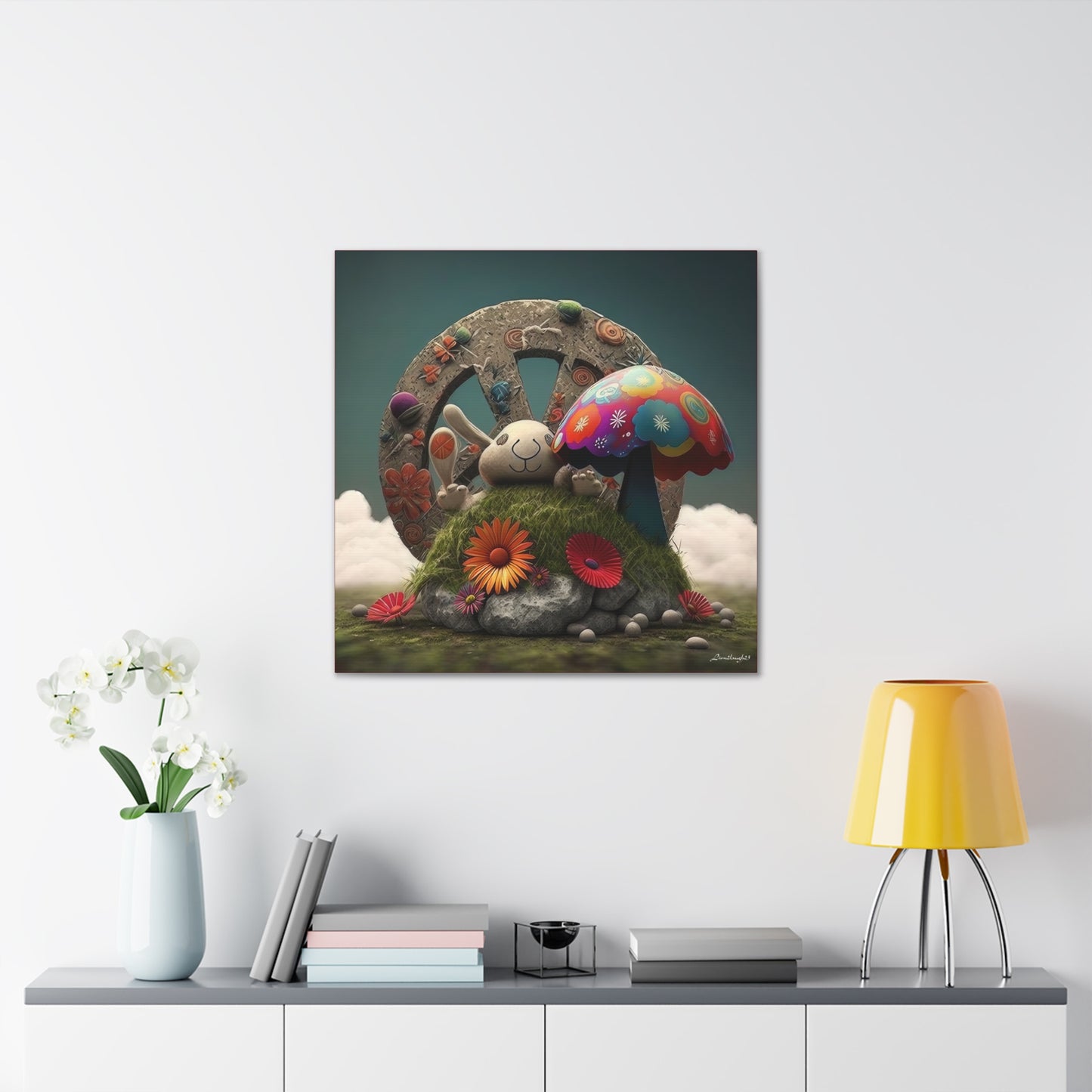 Beautiful Forest Round Peace Sign , Bunny Style Mushrooms  Flowers And Butterfly 12 Canvas Gallery Wraps