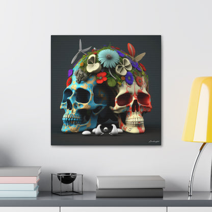 Double Skull With Blue Red  Flowers Canvas Gallery Wraps