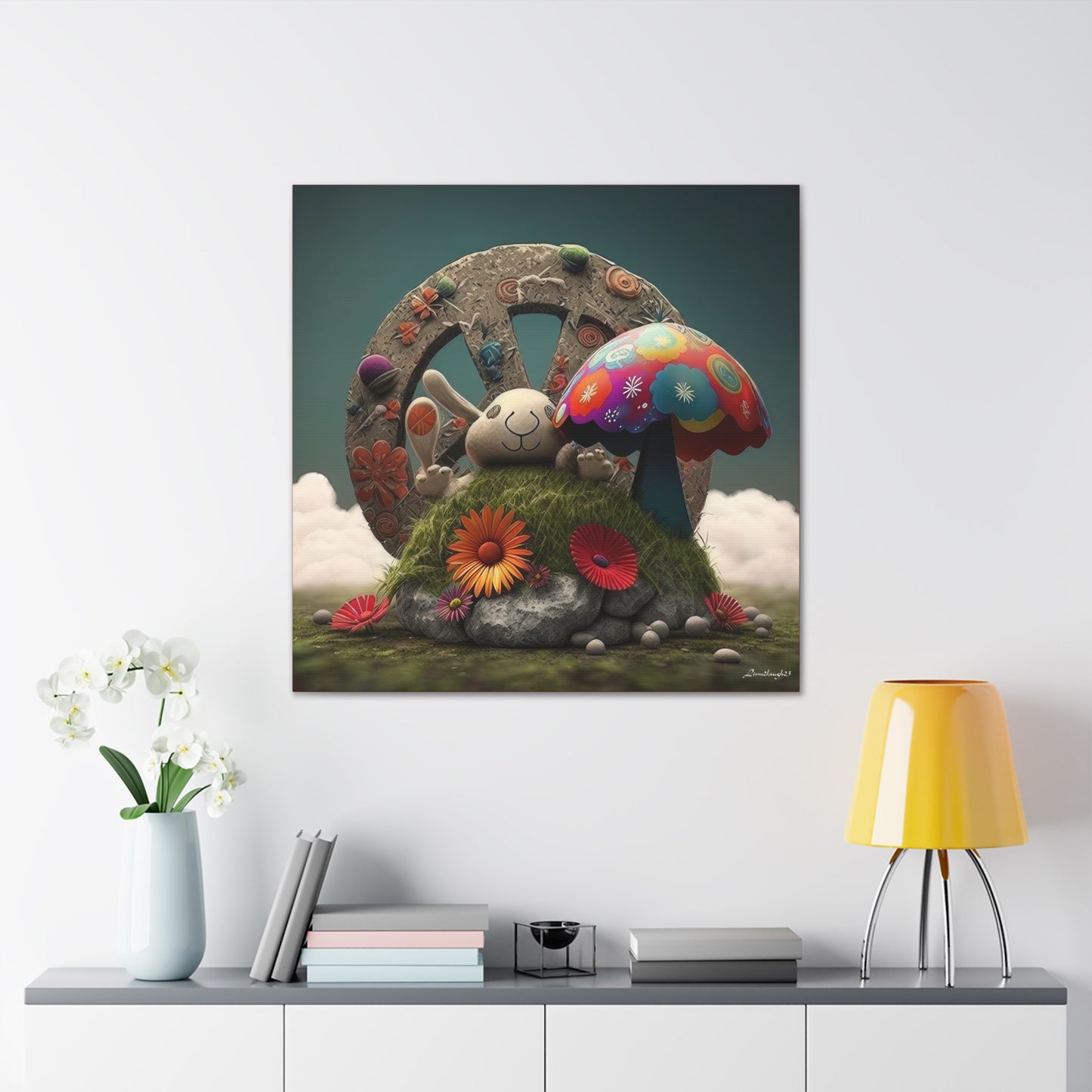 Beautiful Forest Round Peace Sign , Bunny Style Mushrooms  Flowers And Butterfly 12 Canvas Gallery Wraps