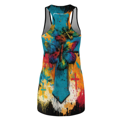 Bold And Beautiful Tie Dye Cross And Butterflies Front Style Four On Back Women's Cut & Sew Racerback Dress (AOP)