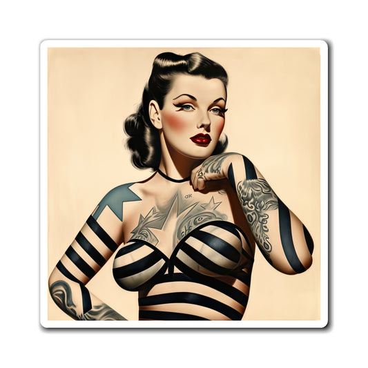 Retro Tattooed Pinup Blue, Red And White Star Magnet Style Eleven