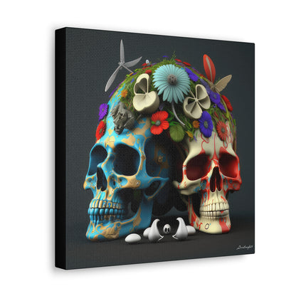 Double Skull With Blue Red  Flowers Canvas Gallery Wraps