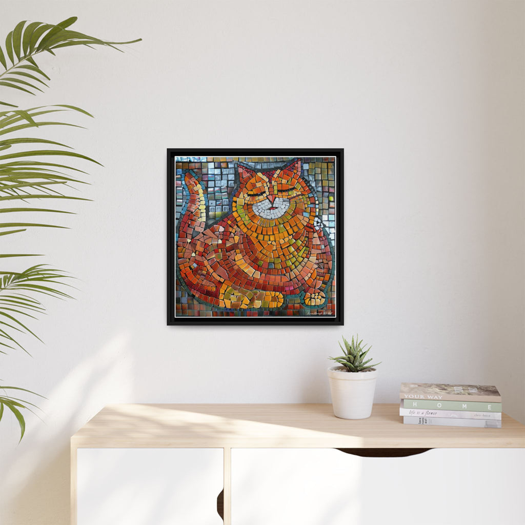 Radiant Whiskers: The Joyful Cat, Framed Mosaic Cat Art Print — Colorful Modern Wall Canvas