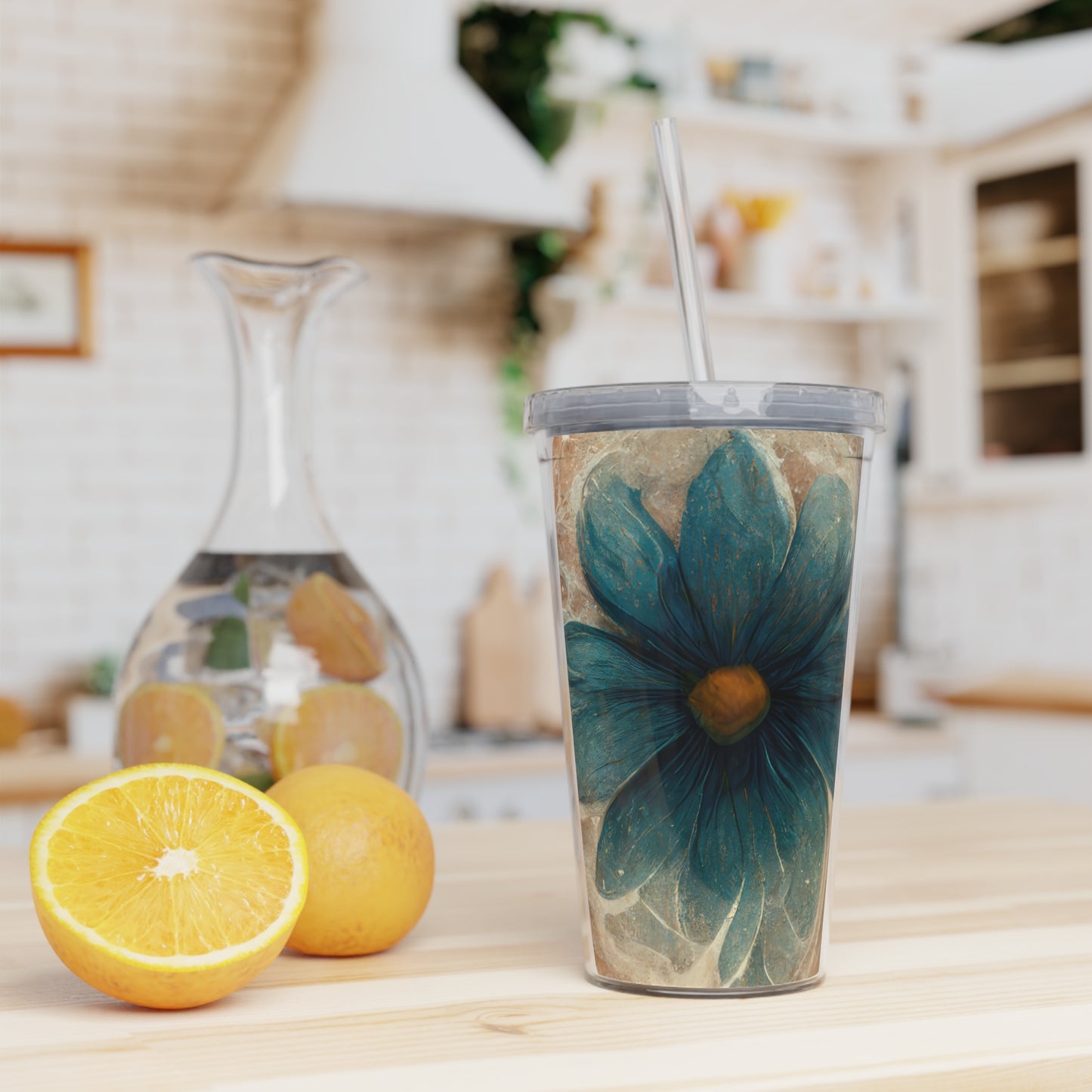 Bold And Beautiful White, Grey And Blue Floral Style 2 Plastic Tumbler with Straw