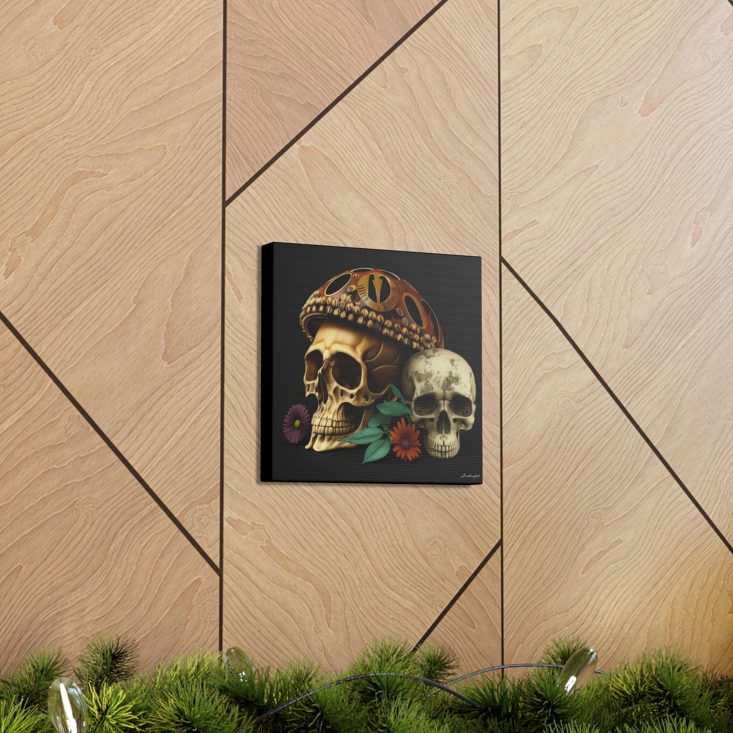 Double Skull With One Colorful Beautifully Detailed Helmet Purple Orange Flowers Canvas Gallery Wraps