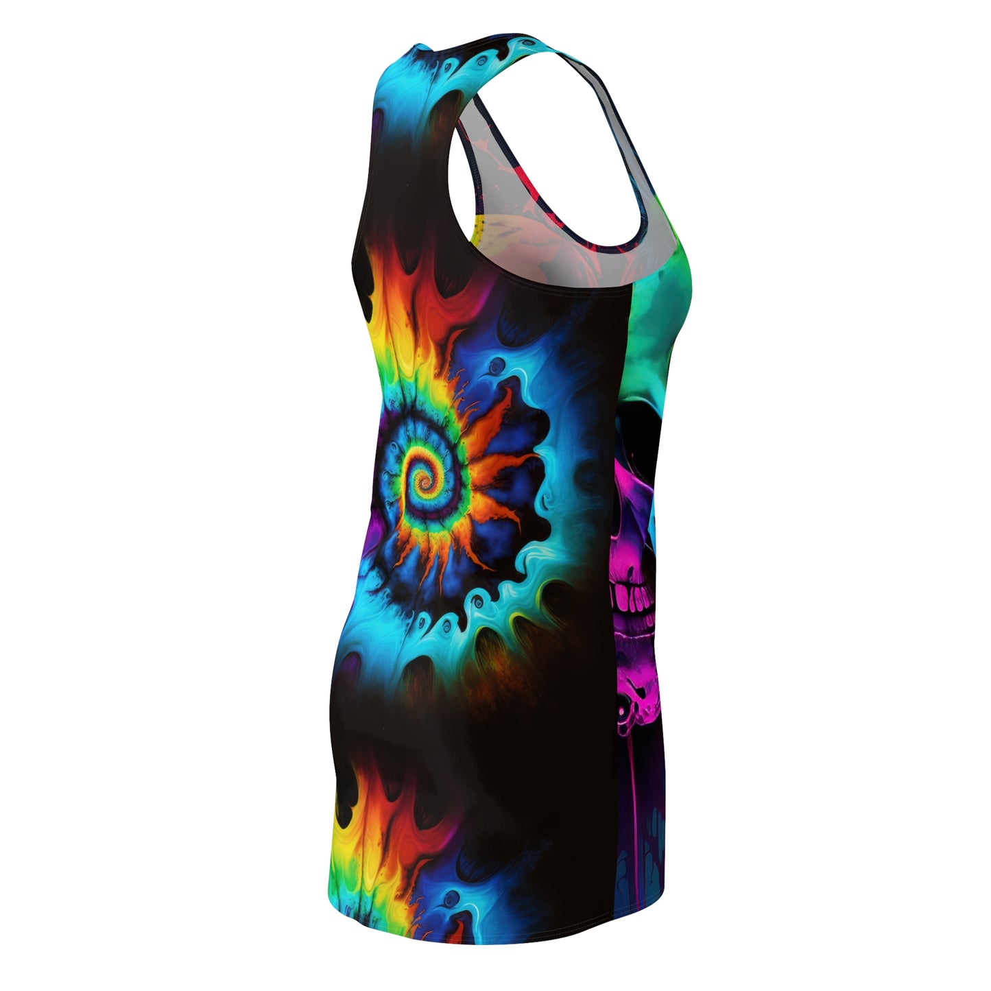 Bold And Beautiful Tie Dye Skull Front Style Four On Back Women's Cut & Sew Racerback Dress (AOP)