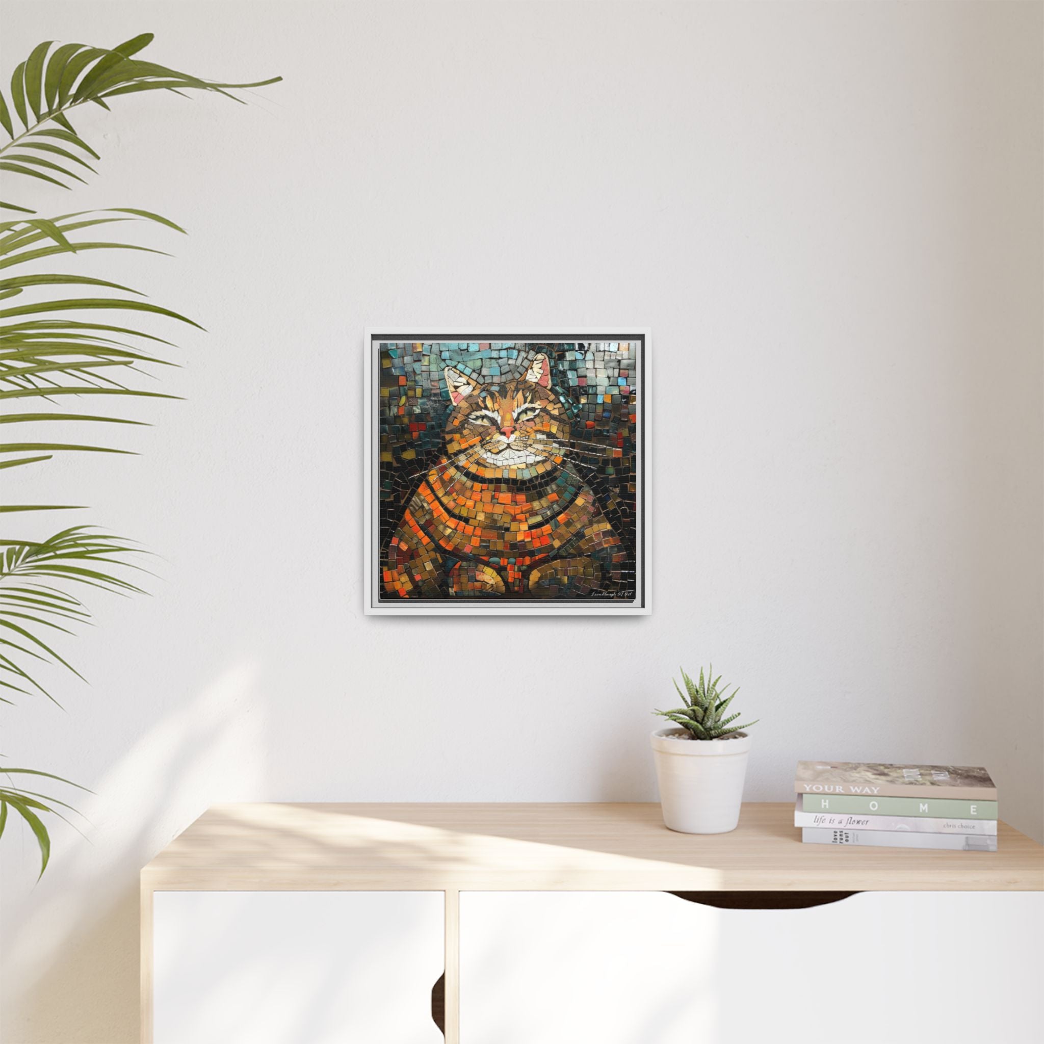 Mosaic Majesty: The Regal Cat, Framed Mosaic Cat Art Print — Colorful Modern Wall Canvas