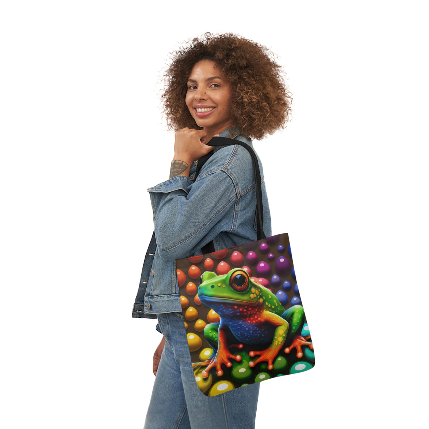 Sassy Rainbow Round Skittle Like Background With Beautiful Frog Polyester Canvas Tote Bag (AOP)