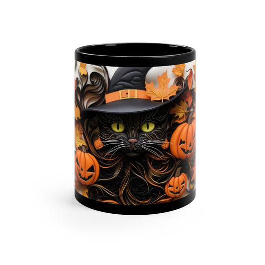 Fall Season Leads to Black Halloween Witch Hat Cat Amazing Background Fall Leaves And Pumpkins 11oz Black Mug