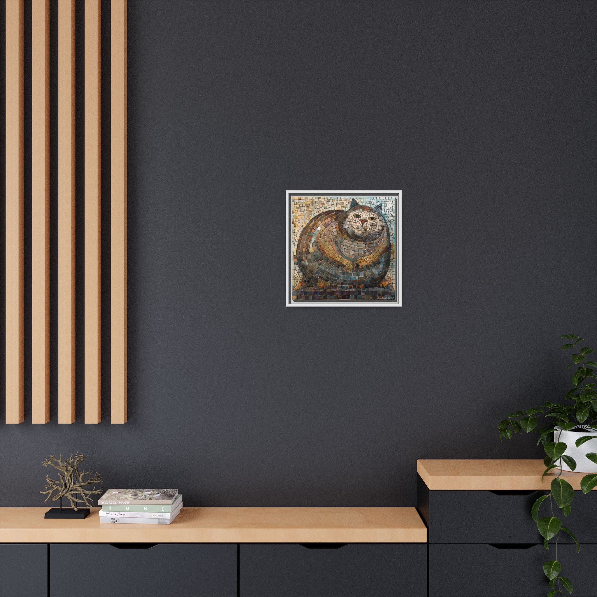 "Serene Mosaic Cat", Framed Mosaic Cat Art Print — Colorful Modern Wall Canvas